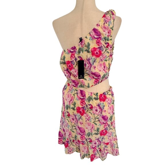 NWT Lulus Floral Cut Out Sundress Sleeveless Pink Yellow One Shoulder Size Large - Picture 6 of 11